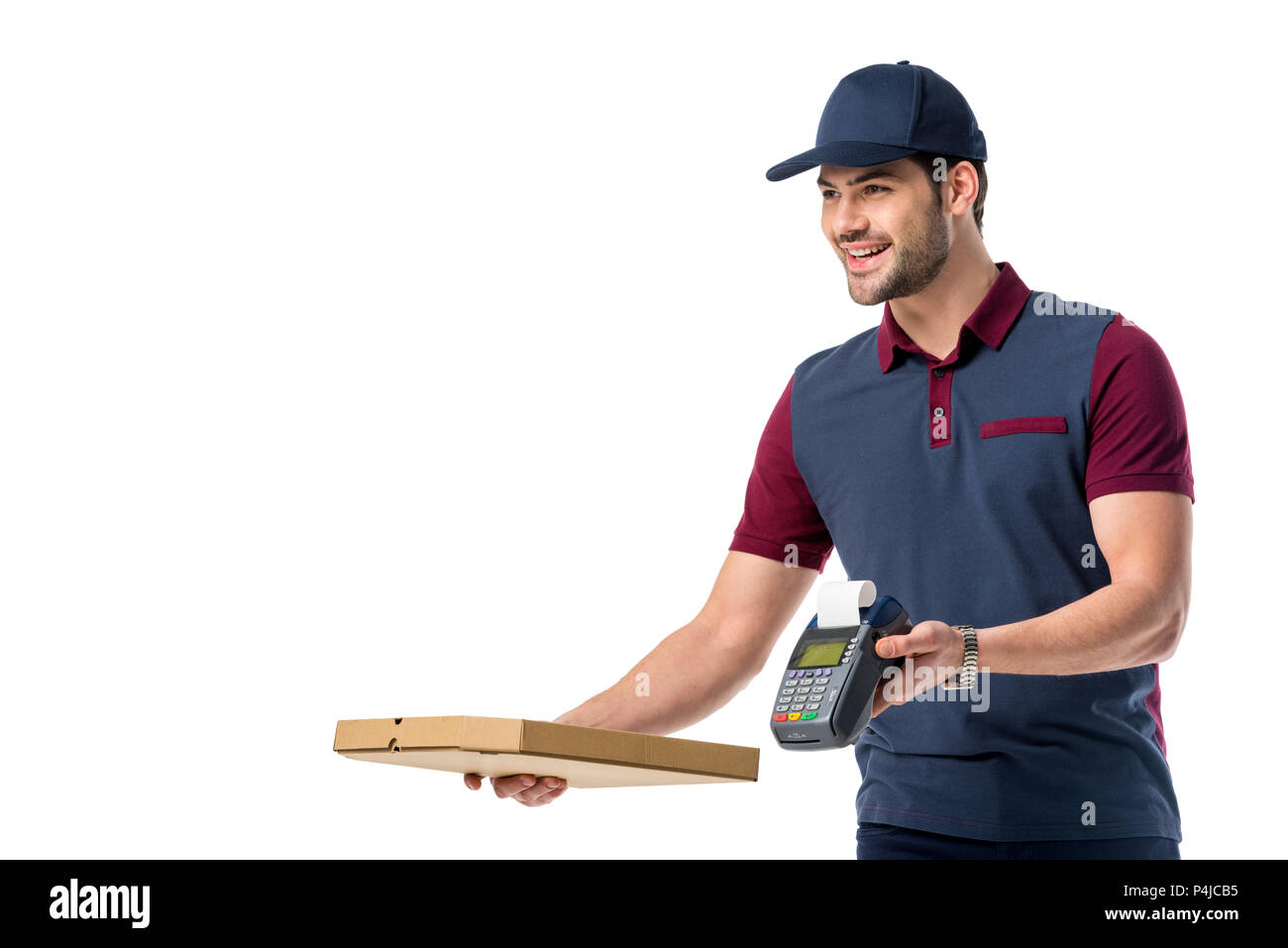delivery man with cardboard pizza box and cardkey reader in hands isolated on white Stock Photo