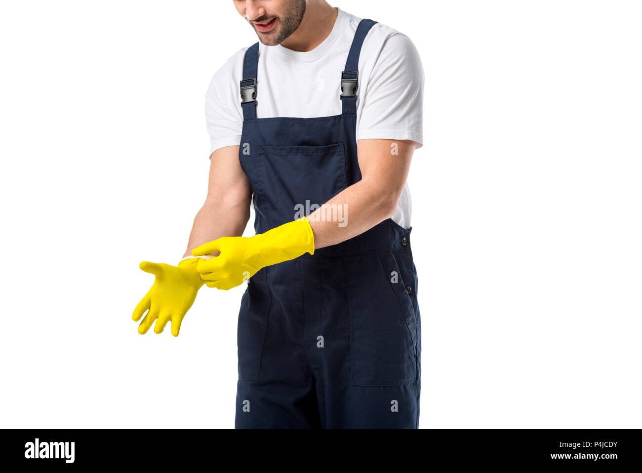 cropped shot of cleaner wearing rubber gloves isolated on white Stock Photo
