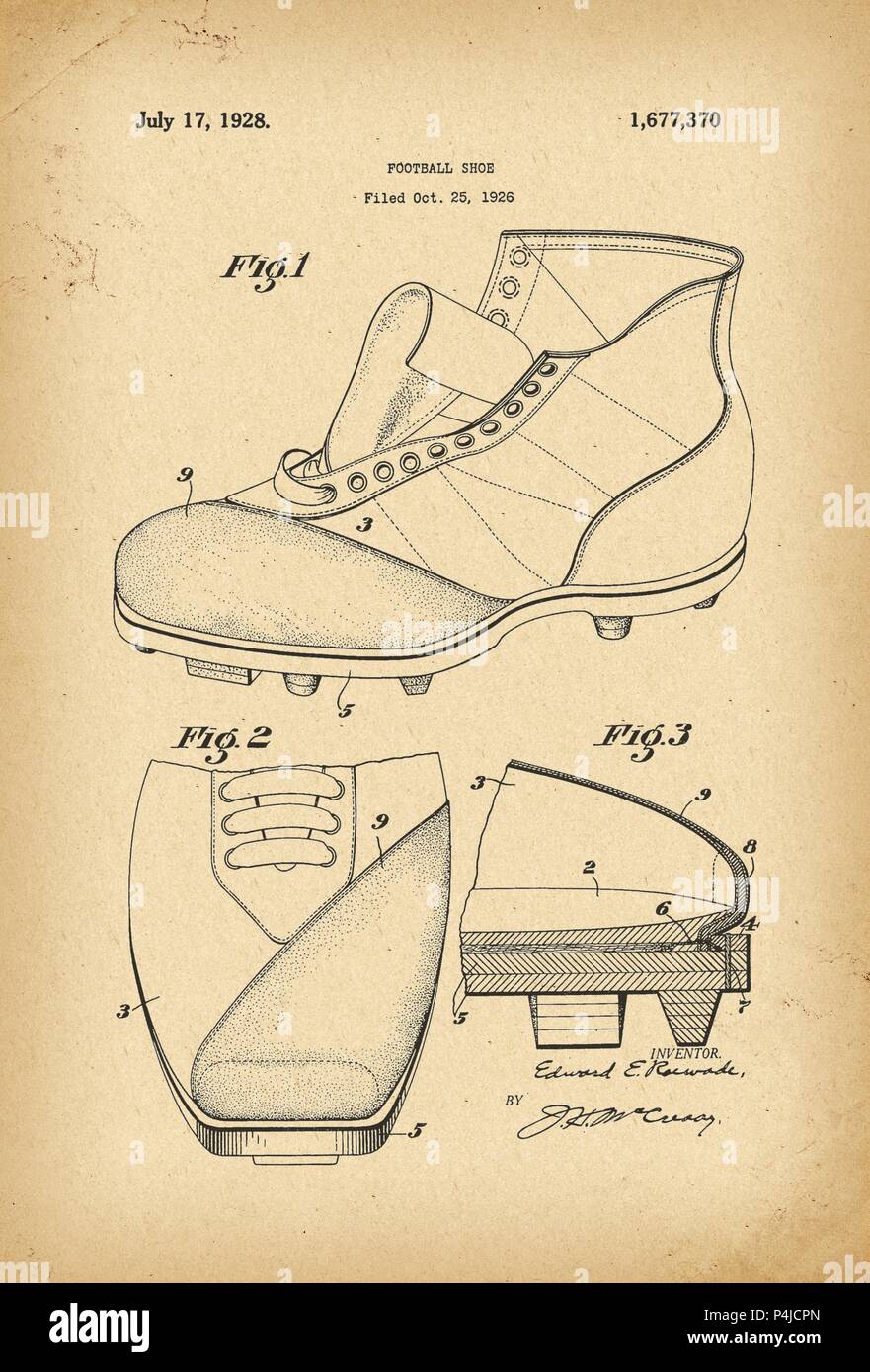 1926 Football shoe Patent history invention Stock Photo