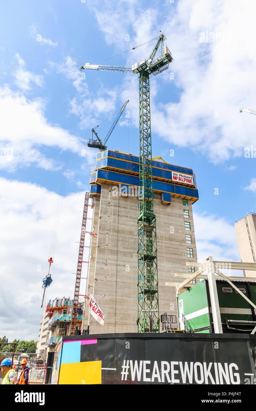 Core of the new Victoria Square high rise mixed use development project and tower crane in the town centre of Woking, a town in Surrey, southeast England, UK Stock Photo