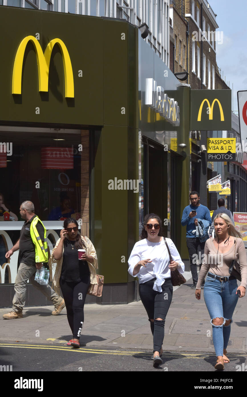 An outlet of fast food american hamburger franchise McDonalds in Kentish Town, North London. Stock Photo