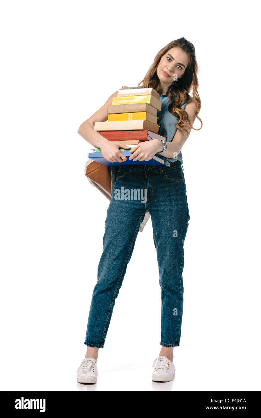 beautiful student holding stack of books isolated on white Stock Photo ...