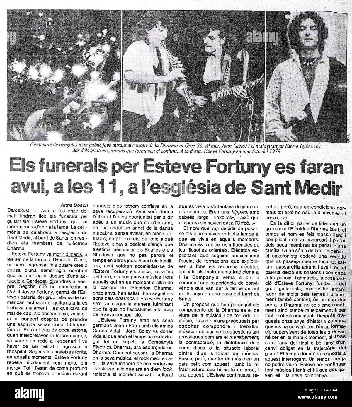 Noticia de los funerales de Esteve Fortuny, integrante de 'La Companyia Elèctrica Dharma'. Stock Photo