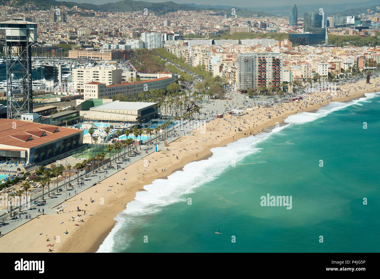 Aerial view of Barcelona, Barceloneta beach and Mediterranean sea in summer day at Barcelona, Spain. Stock Photo