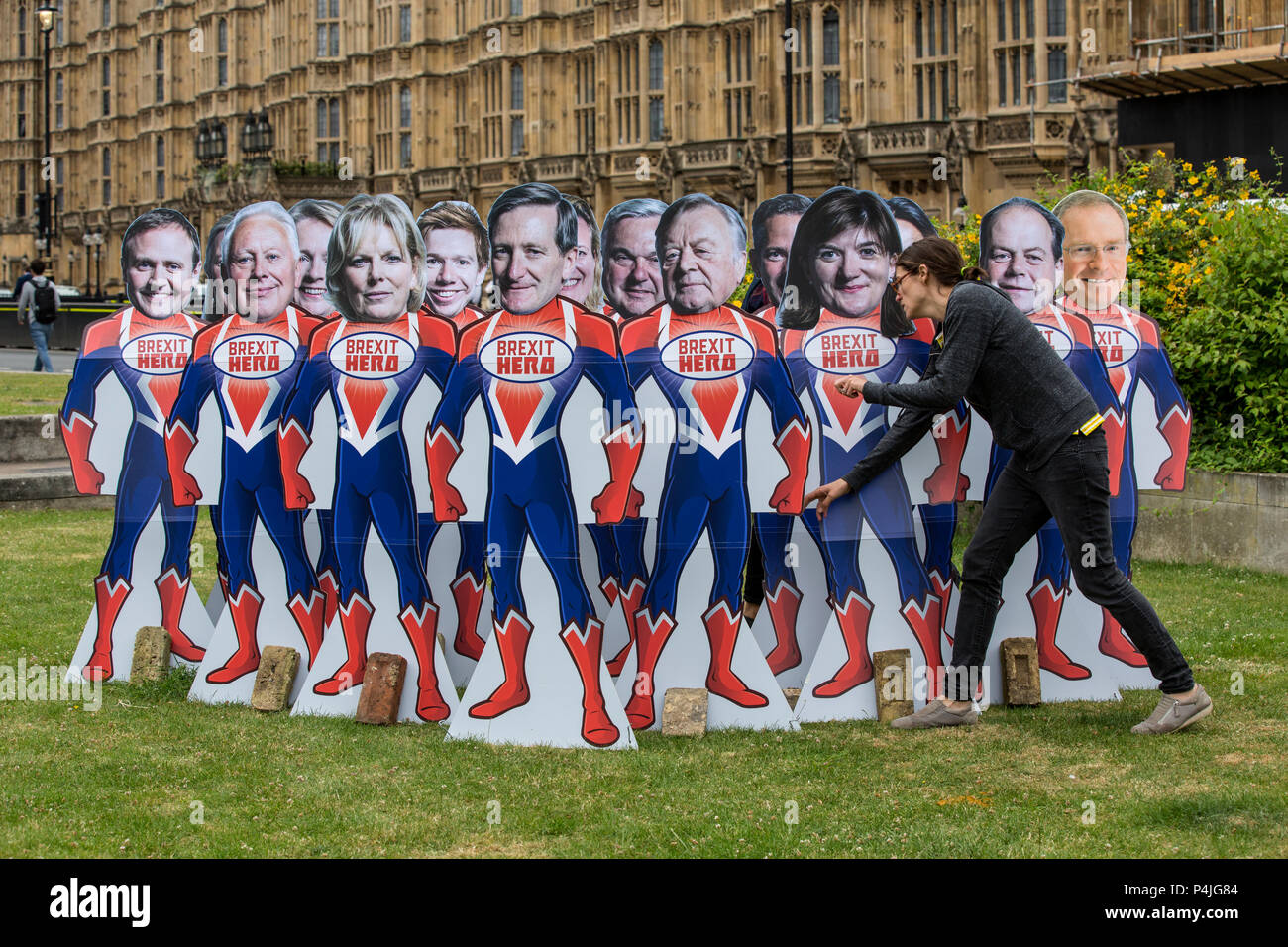 15 superhero cutouts with faces of key Tory rebel MPs outside Parliament ahead of Wednesday's Commons vote to give Parliament a vote on Brexit. Stock Photo