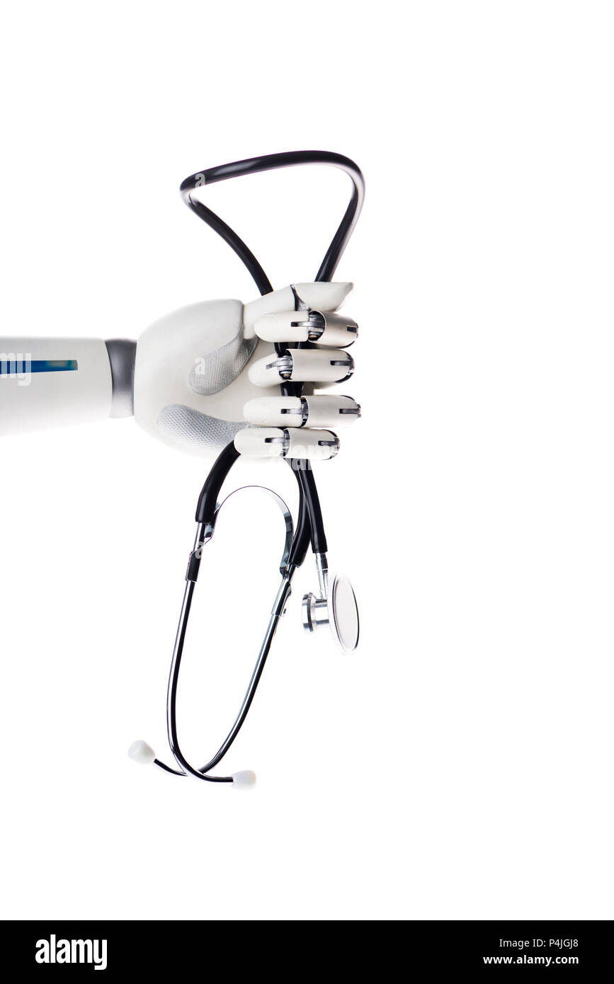 robot hand holding medical stethoscope isolated on white Stock Photo