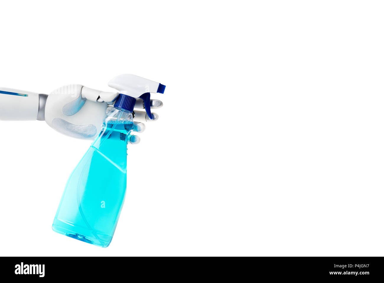 robot hand holding spray bottle with antiseptic for cleaning isolated ...