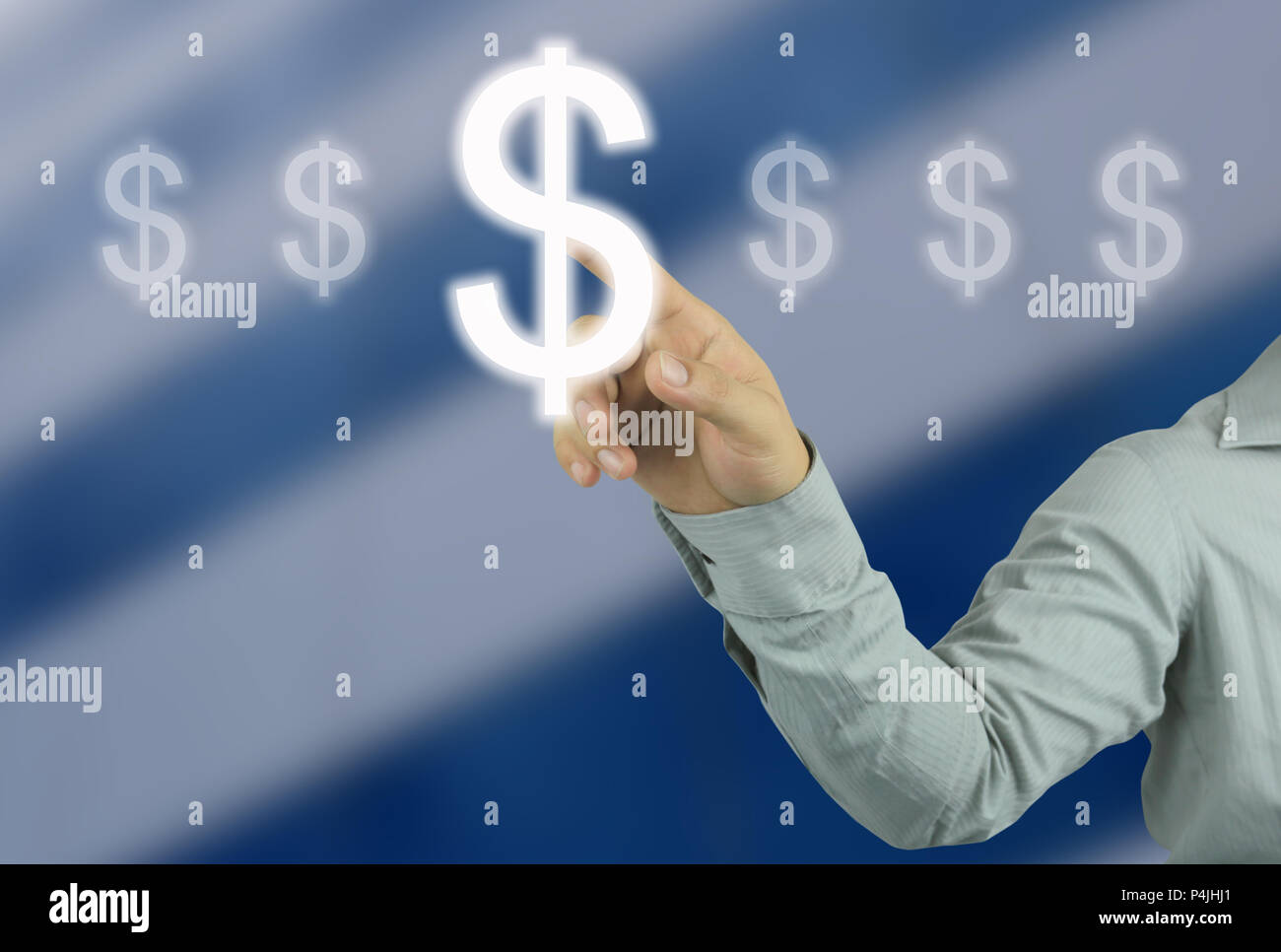 businessman hand pointing to Symbol money of Dollar in your work concept business on  blur blue skyscraper background. Stock Photo