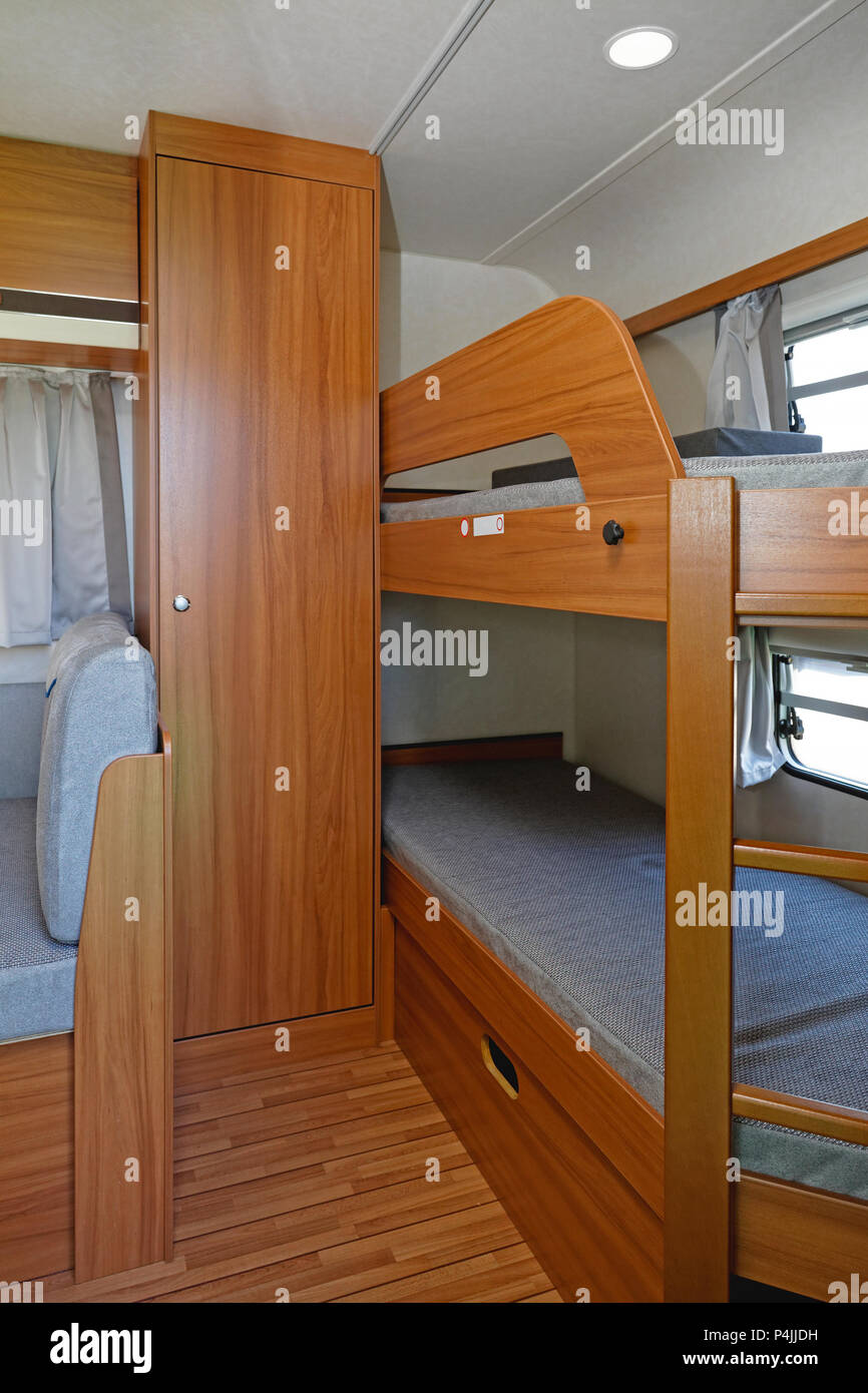 Bunk Bed And Closet in Camping Trailer Stock Photo