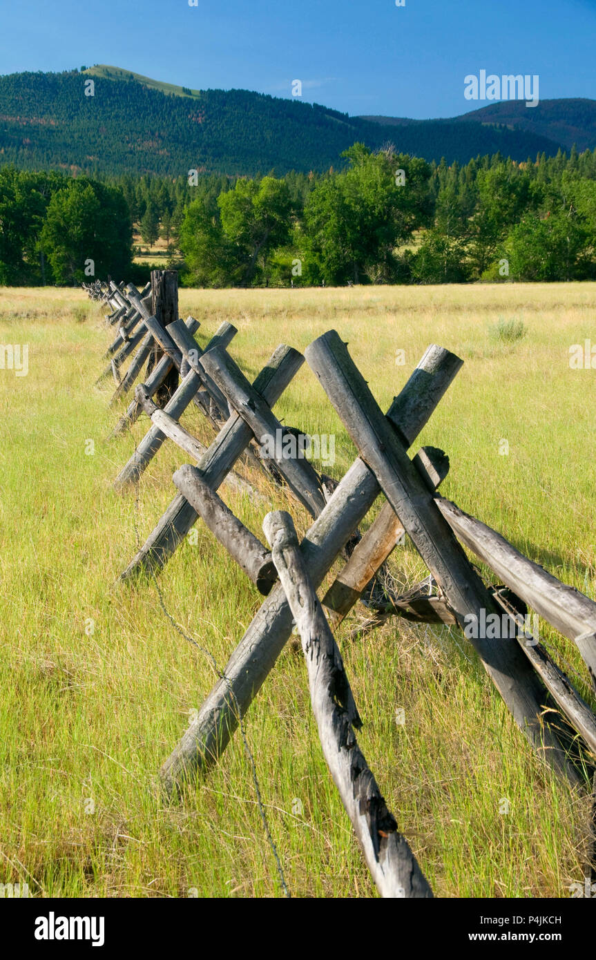 Ranchland fence, Lewis and Clark County, Montana Stock Photo