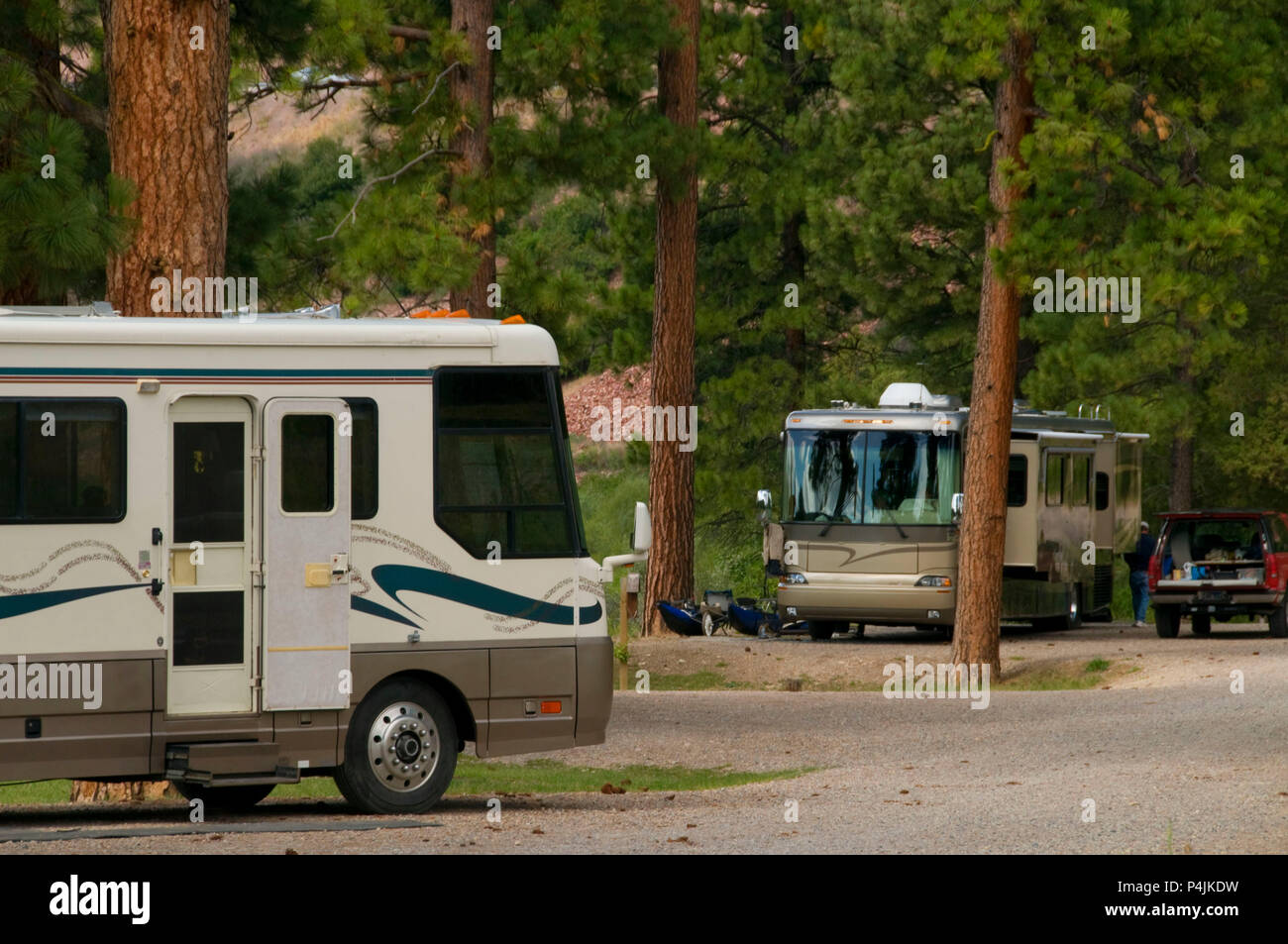 Motorhome in campground, Russell Gates Memorial Fishing Access Site, Missoula County, Montana Stock Photo