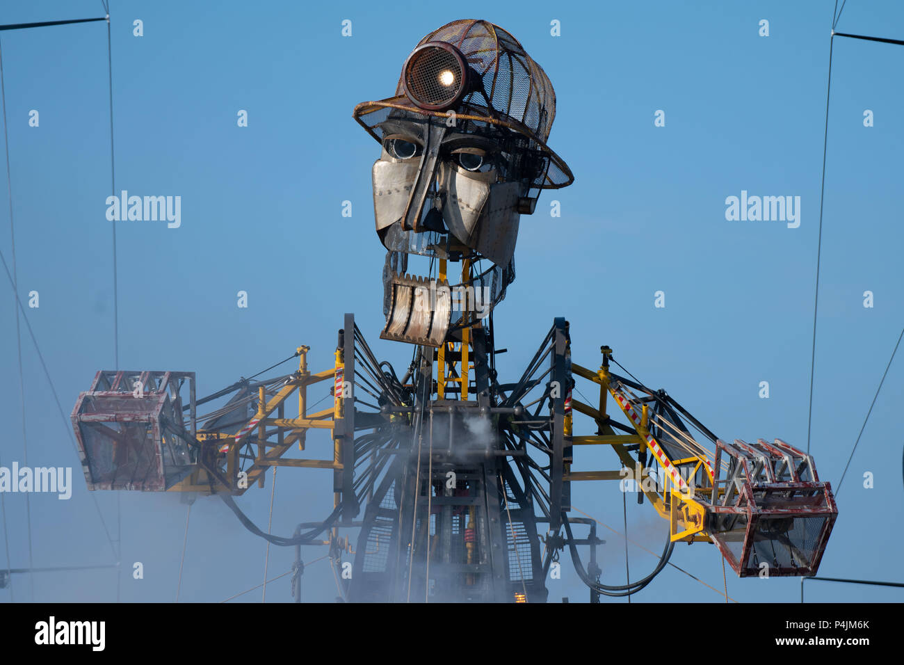 The Man Engine seen during the Volvo Ocean Race 2018 in Cardiff, Wales, UK. Man Engine, which resembles a giant miner, was launched in 2016 to celebra Stock Photo