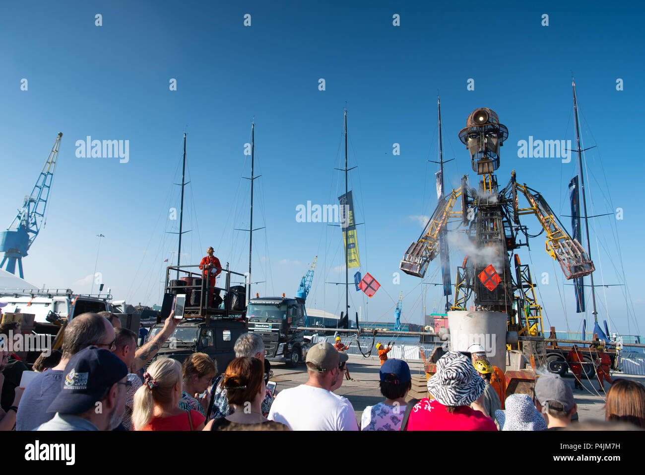 The Man Engine seen during the Volvo Ocean Race 2018 in Cardiff, Wales, UK. Man Engine, which resembles a giant miner, was launched in 2016 to celebra Stock Photo