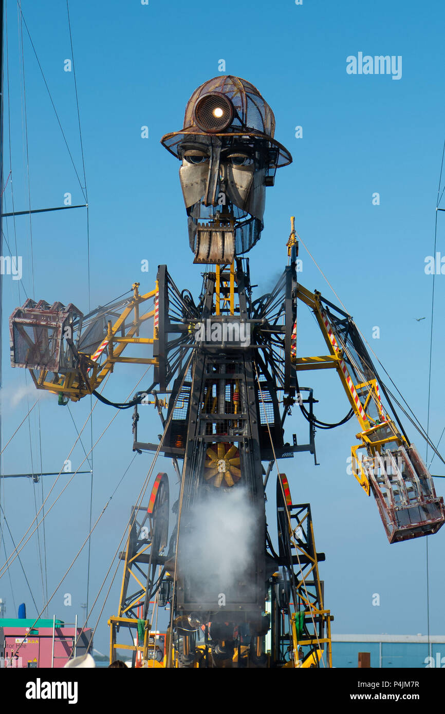 The Man Engine seen during the Volvo Ocean Race 2018 in Cardiff, Wales, UK. Man Engine, which resembles a giant miner, was launched in 2016 to celebra Stock Photo