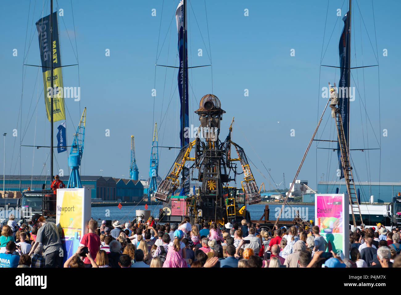 The Man Engine seen during the Volvo Ocean Race 2018 in Cardiff, Wales, UK. Man Engine, which resembles a giant miner, was launched in 2016 to celebra Stock Photo