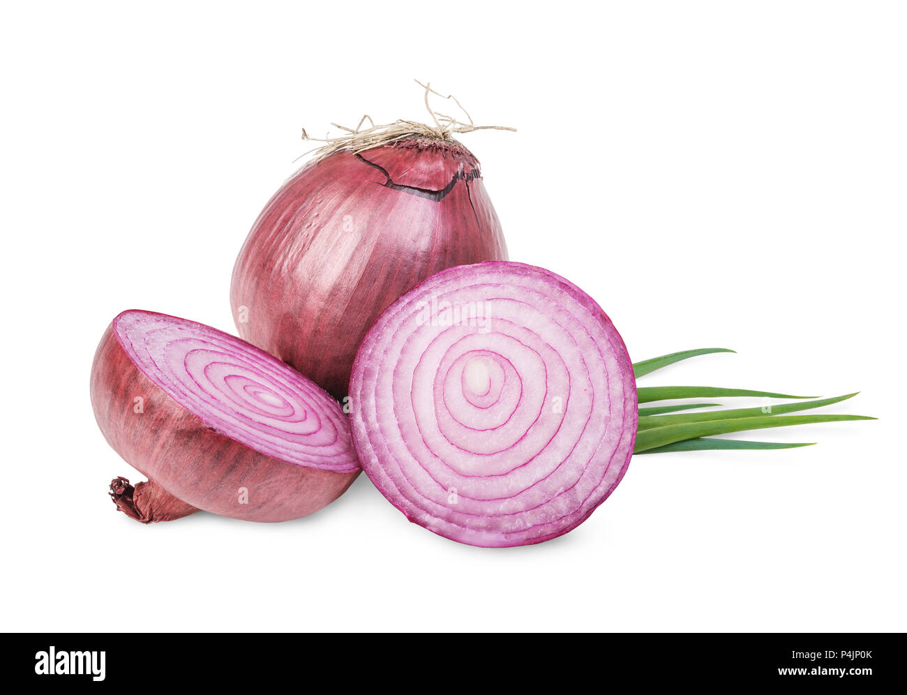 red onion bulbs whole and sliced and green onion isolated on white background Stock Photo