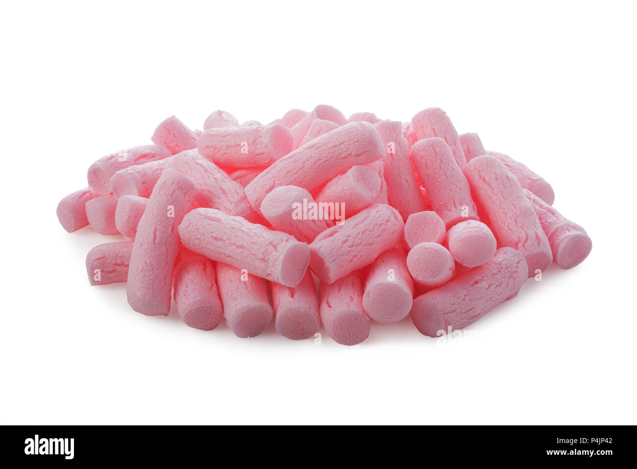 Pile of pink packing foam peanuts isolated on white background Stock Photo