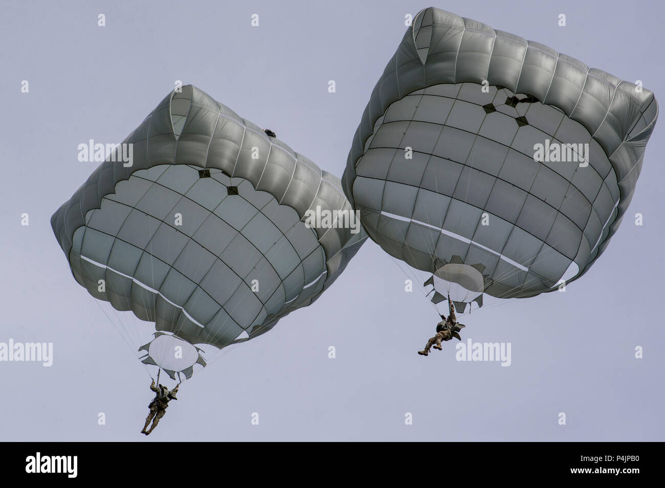Paratroopers assigned to the 4th Infantry Brigade Combat Team (Airborne), 25th Infantry Division, U.S. Army Alaska, conduct an airborne proficiency operation on Malemute drop zone at Joint Base Elmendorf-Richardson, Alaska, June 13, 2018, during Exercise Arctic Aurora with Japan Ground Self-Defense Force Soldiers. Arctic Aurora is a bilateral training exercise involving elements of the Spartan Brigade and the JGSDF, which focuses on strengthening ties between the two by executing combined small unit airborne proficiency operations and basic small arms marksmanship. (U.S. Air Force photo by Jus Stock Photo