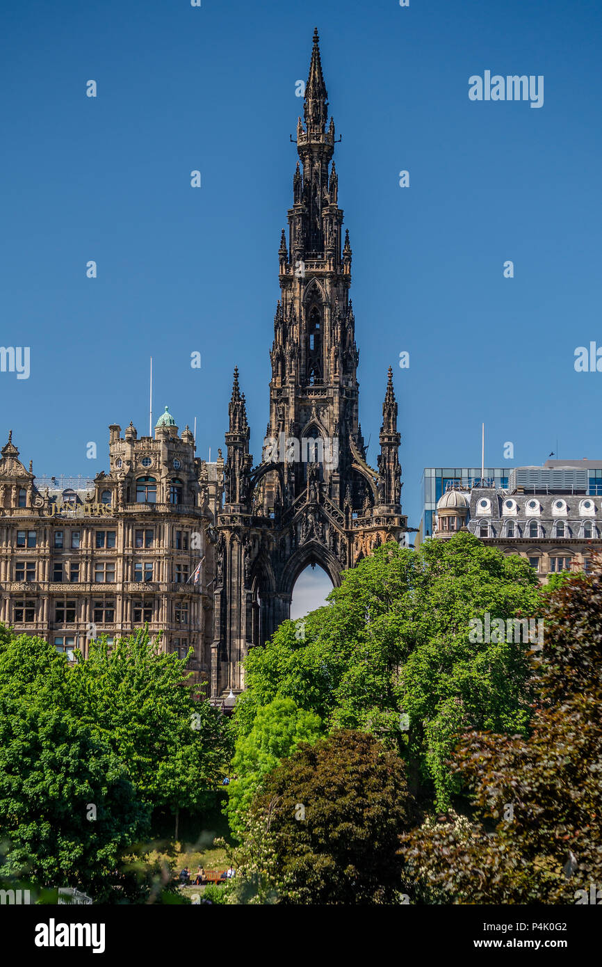 A picture postcard view of the Scott Monument, Edinburgh's gothic memorial to one of Scotland's greatest literary figures, Sir Walter Scott. Stock Photo