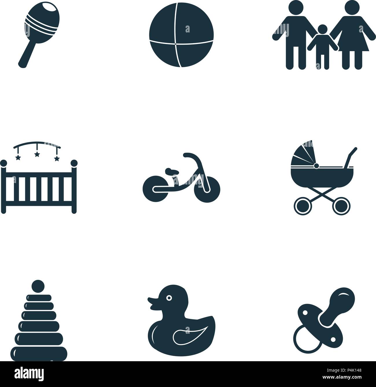 Baby icons set. Stroller icon, Nipple icon, Bike icon and more. Premium quality symbol collection. Baby icon set simple elements. Stock Vector