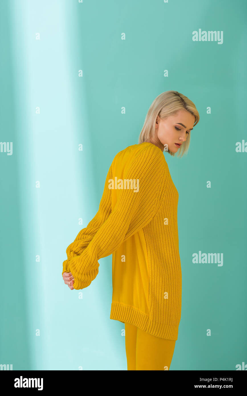 tights posing on blue background Stock 