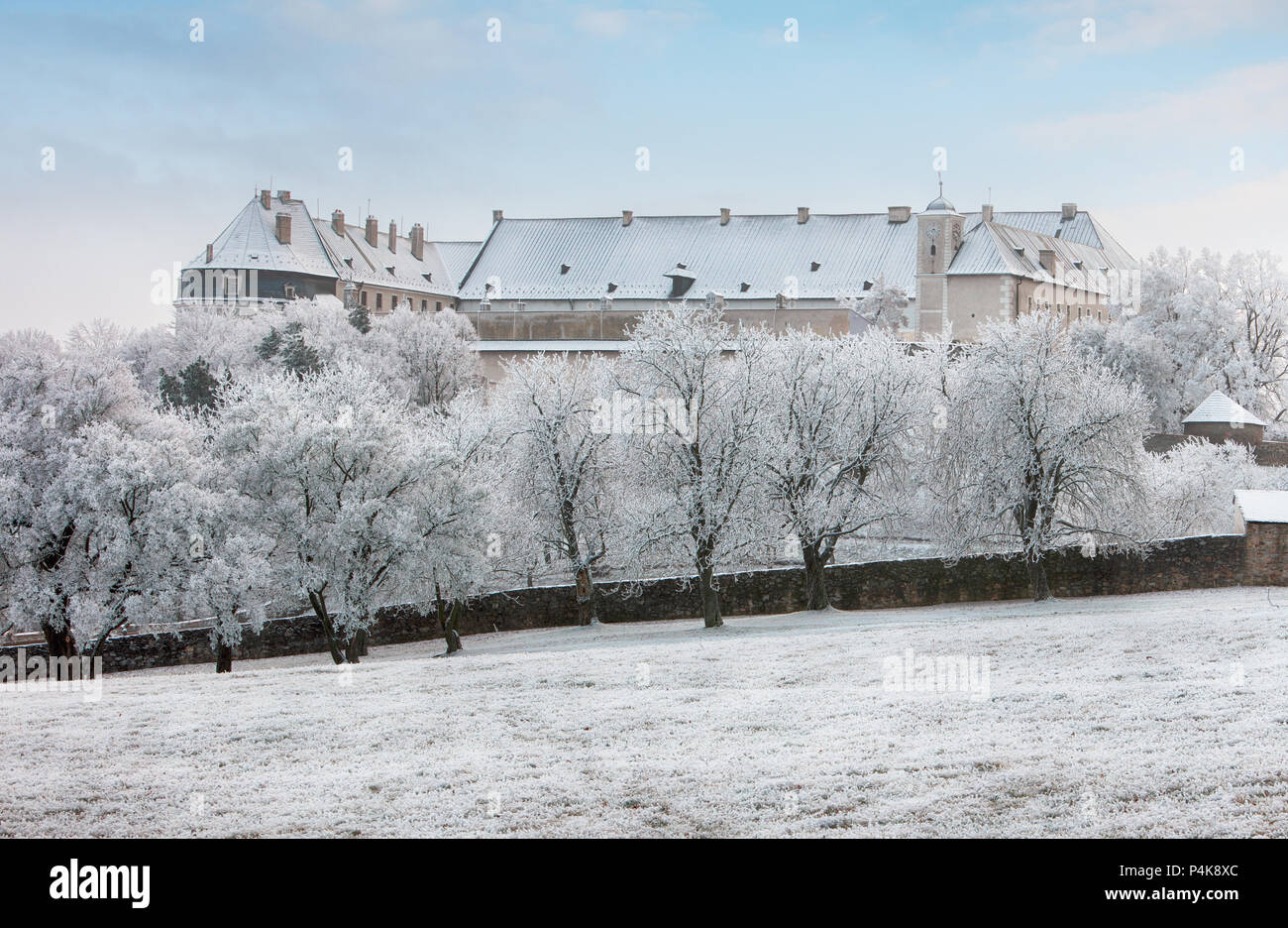 Winter landscape with castle Cerveny kamen, Slovakia Stock Photo