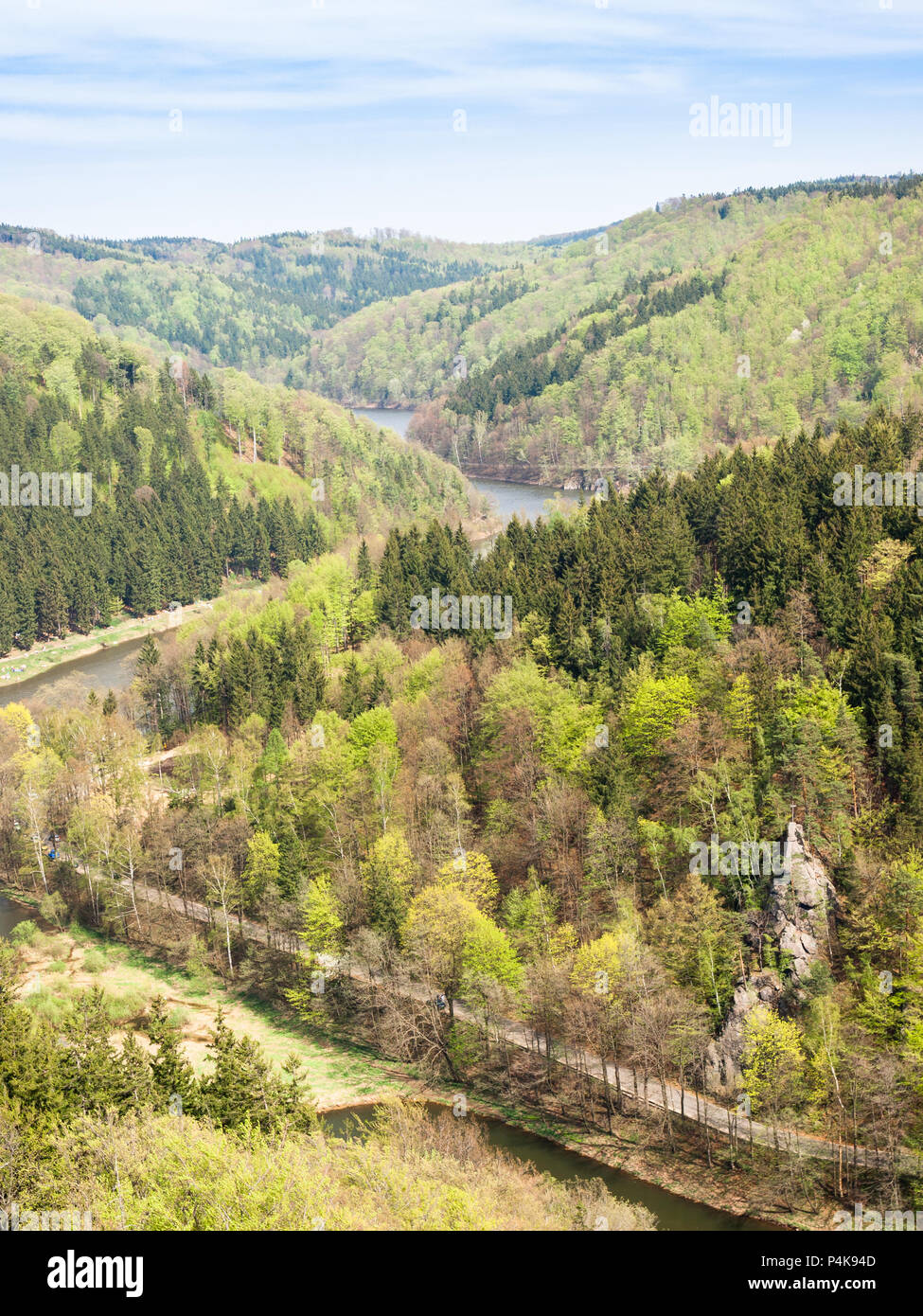 View of the Bystrzyca River, Sowie Mountains and Walbrzyskie Mountains Stock Photo