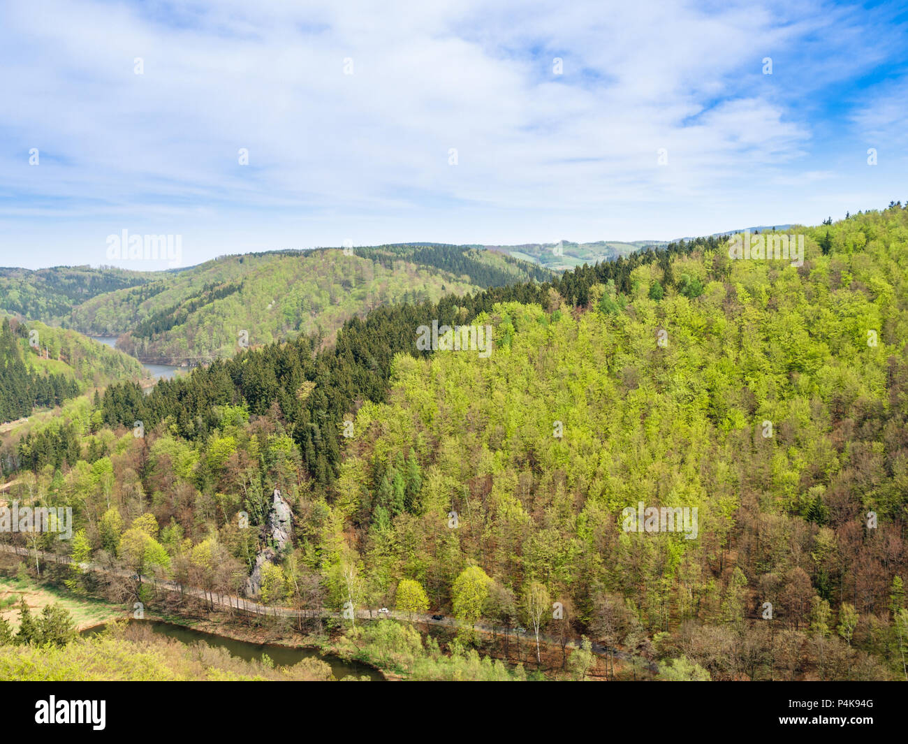 View of the Bystrzyca River, Sowie Mountains and Walbrzyskie Mountains Stock Photo