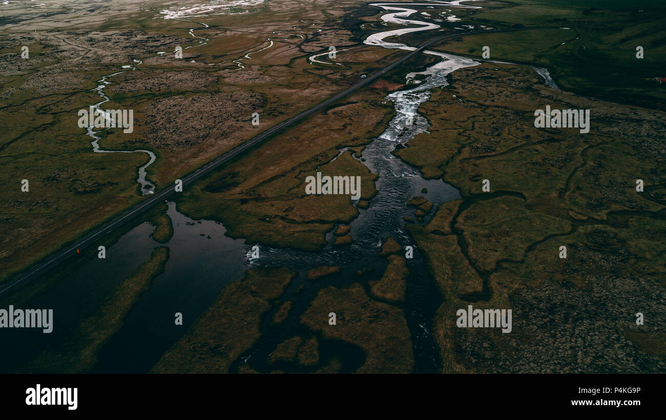 aerial view of river with many junctions and highway drone Stock Photo ...