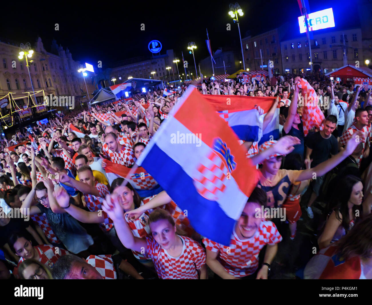 ZAGREB, CROATIA - JUNE 21 Croatian football fans on the Ban Jelacic Square, watching 2018 FIFA WORLD CUP RUSSIA match Argentina vs Croatia on June 21, Stock Photo