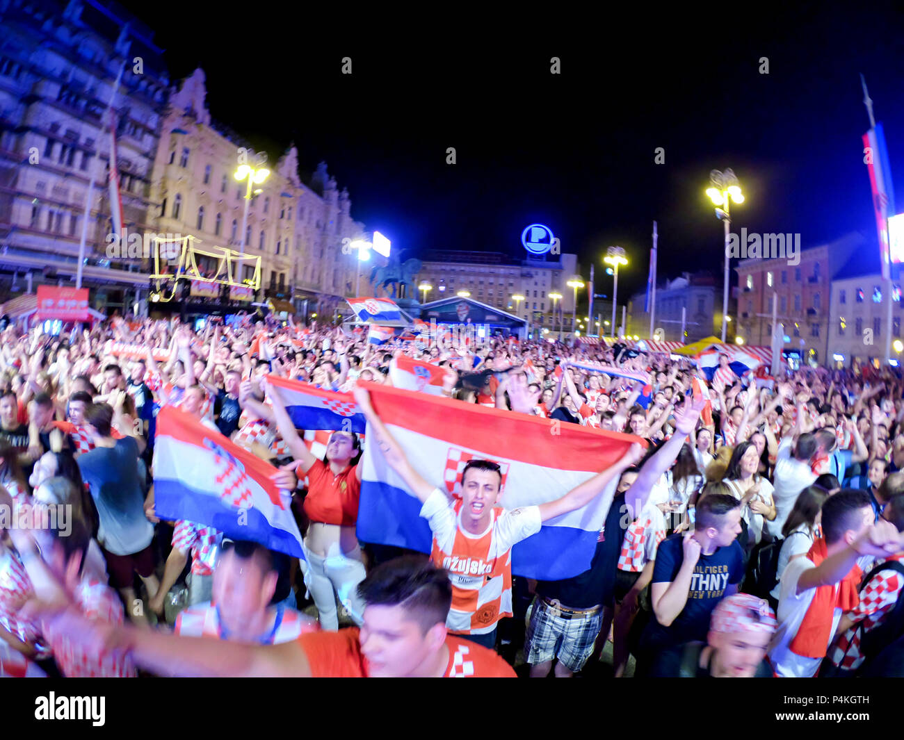 ZAGREB, CROATIA - JUNE 21 Croatian football fans on the Ban Jelacic