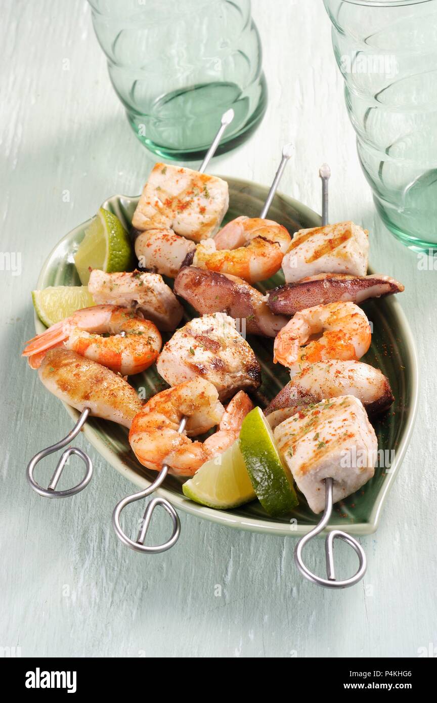 Skewered fish and lime kebabs