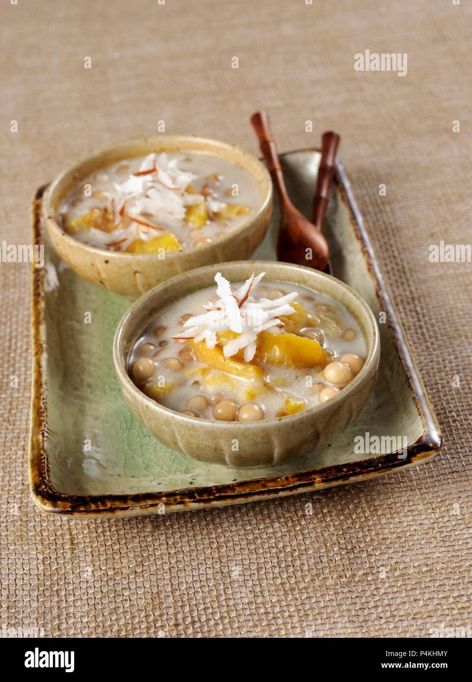 Sago pudding with many bananas and coconut Stock Photo