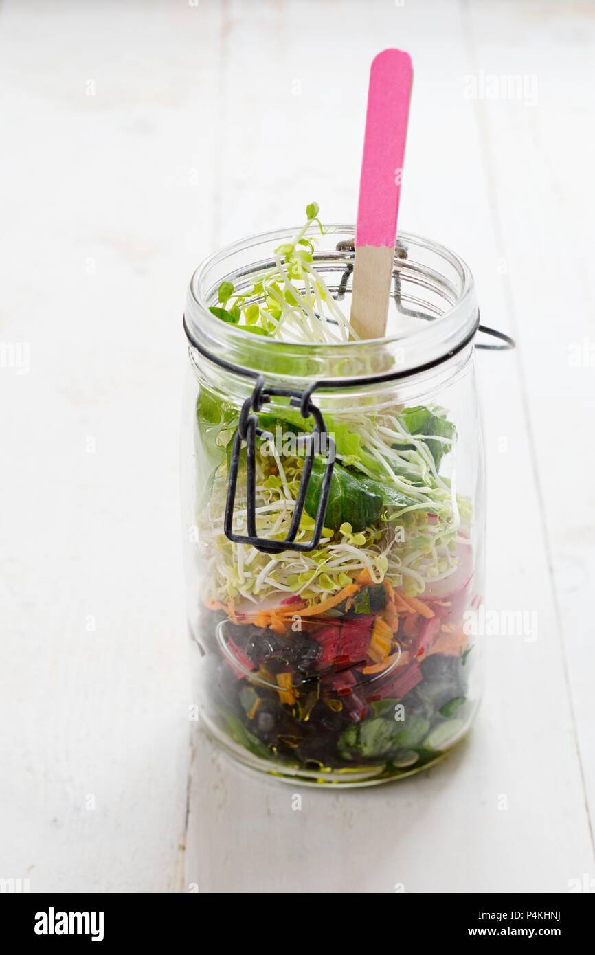 Salad in a glass jar with lambs lettuce, chard, carrots, radishes, lentil sprouts and pea sprouts Stock Photo