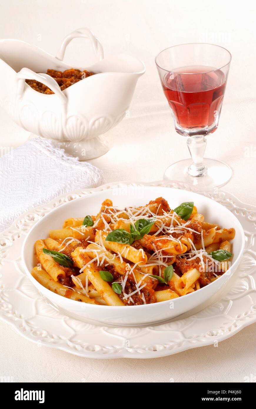 Ziti with meat sauce and Parmesan Stock Photo