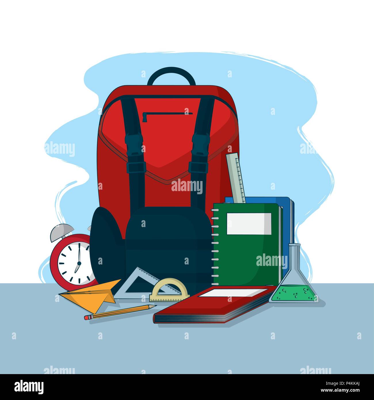 Backpack and books with rulers vector illustration graphic design Stock
