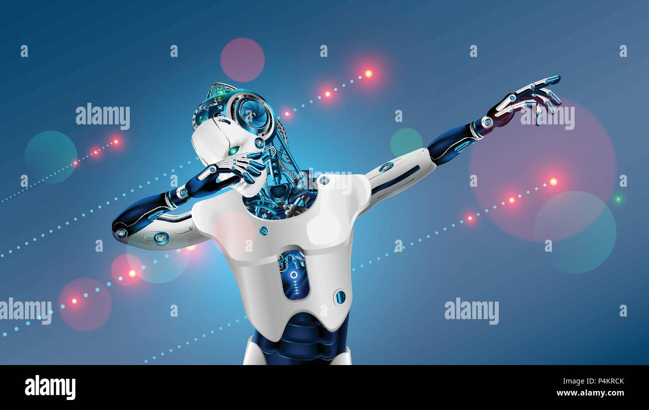 Robot or cyborg dabbing on party. Android in dab pose. Cybernetic man with artificial intelligence dance in nightclub techno or electronic music. 3d Robot have bionic face, hands and body. Stock Vector