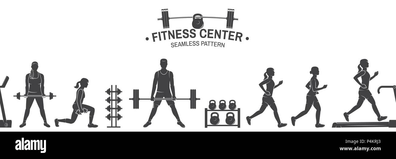 Fitness center seamless pattern or background. Vector illustration. For  design fitness centers, gyms. Girl running, girl workout with barbell and  do deadlifts. Gym wallpaper Stock Vector Image & Art - Alamy