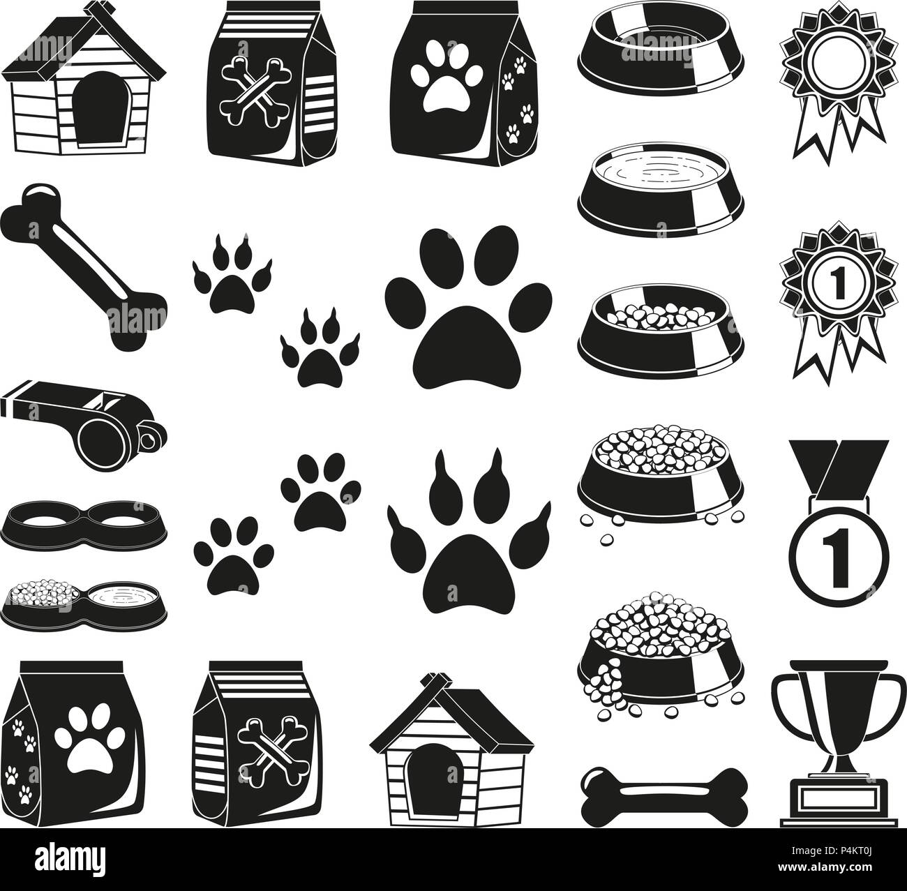 24 black and white pet care elements silhouette set Stock Vector Image