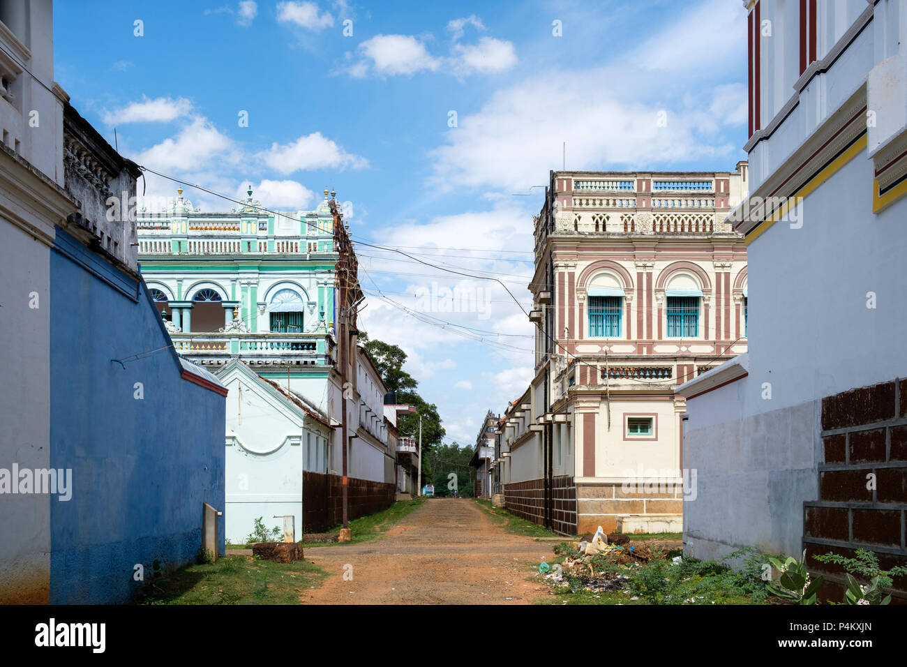 Chettinad mansion in Kanadukathan. Chettiars were rich, 19th-century merchants and bankers from the Chettinad region, Tamil Nadu, India. Stock Photo