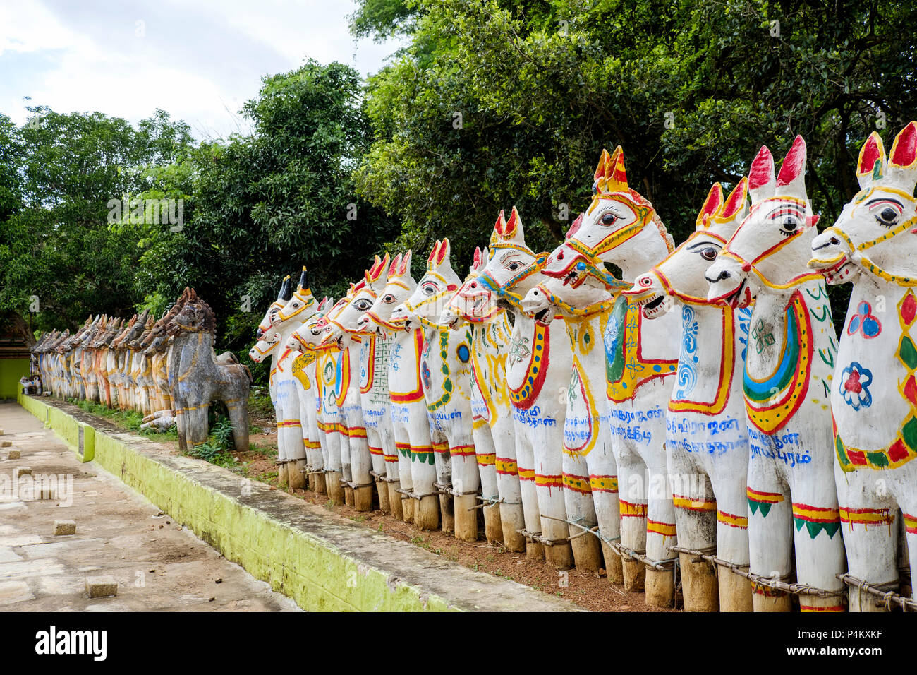 Painted Terracotta Horse Statues At A Village Temple Dedicated To 