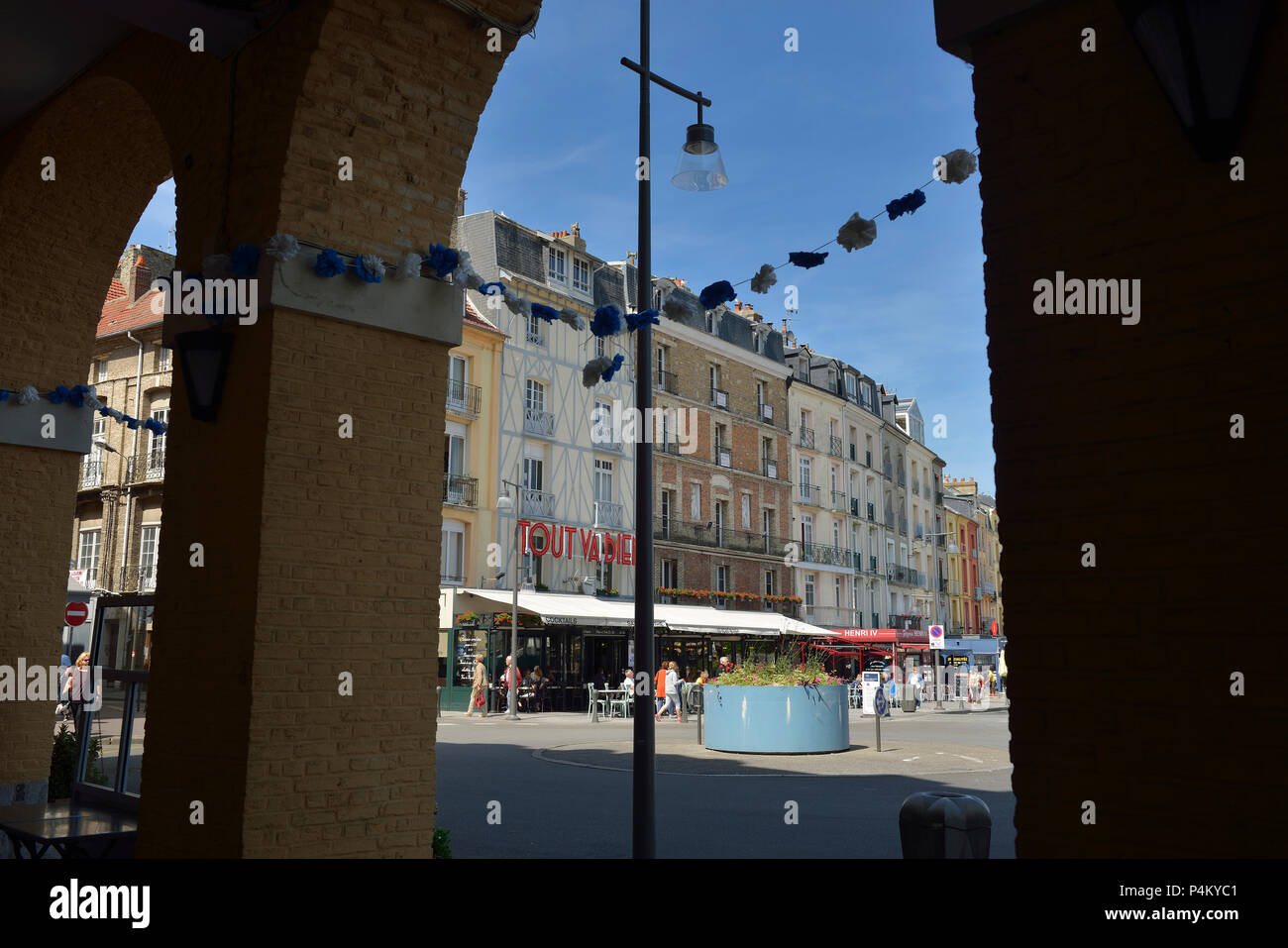 Terrace of cafes and restaurants on the Quai Henri IV in front of the marina of Dieppe. Normandy. France Stock Photo