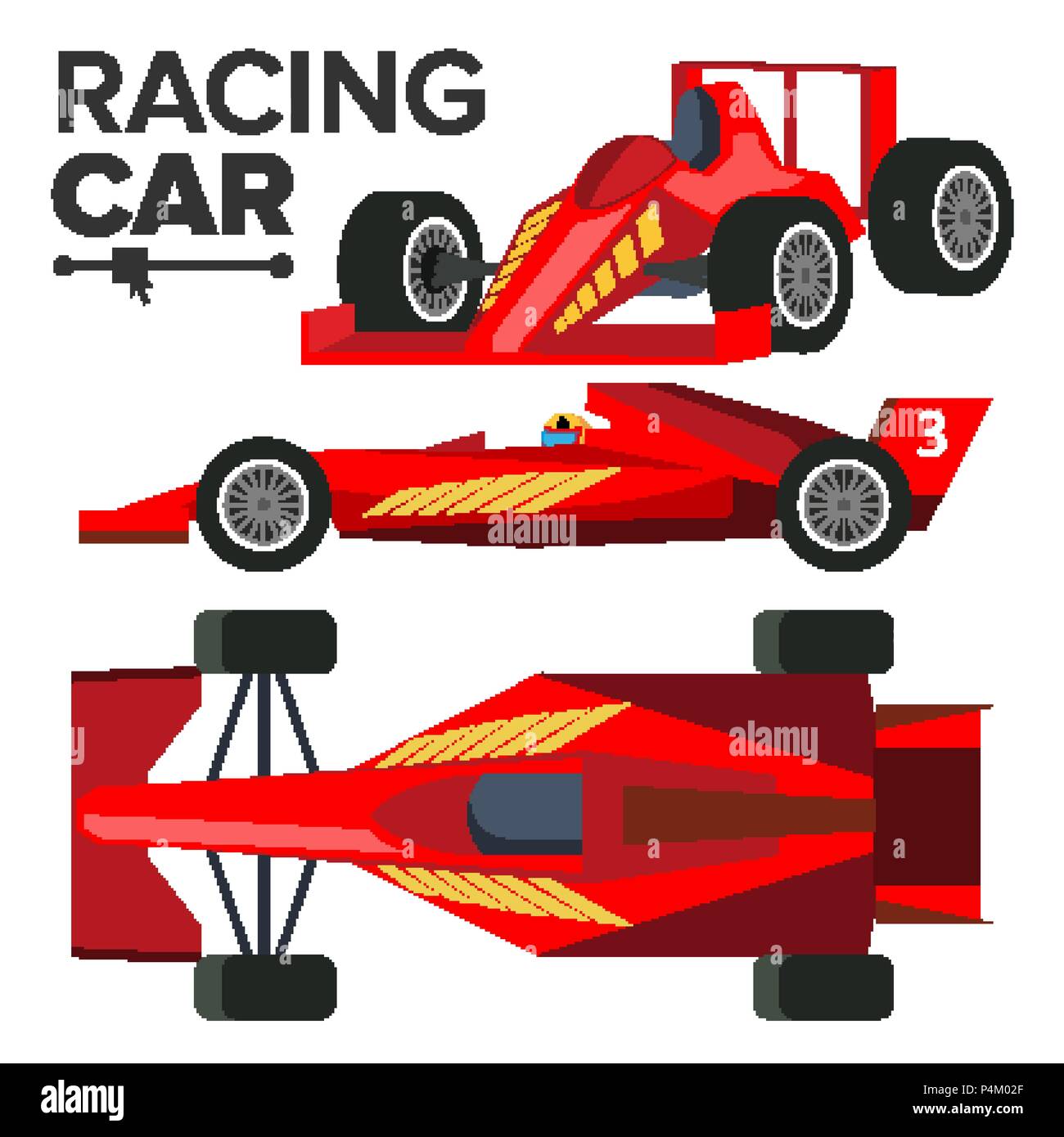 Racing Car Bolid Vector. Sport Red Racing Car. Front, Side, Back View. Auto Drawing. Illustration Stock Vector