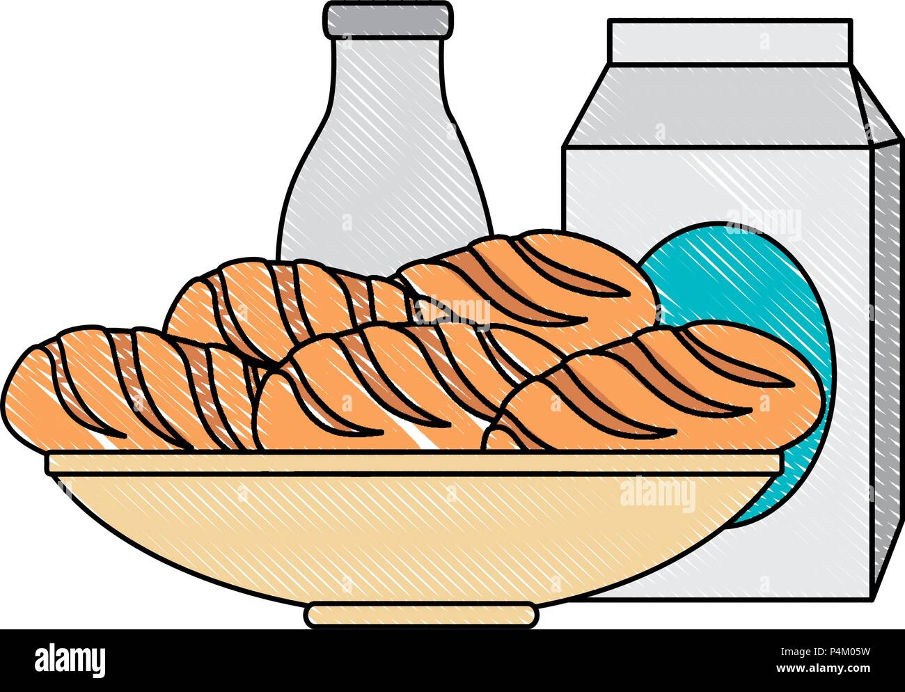 cereal box with bread and milk bottle Stock Vector