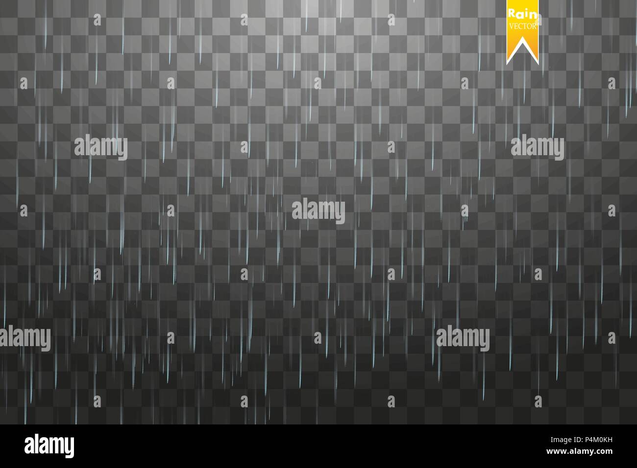 Rain transparent template background. Falling water drops texture. Nature rainfall on checkered background. Stock Vector