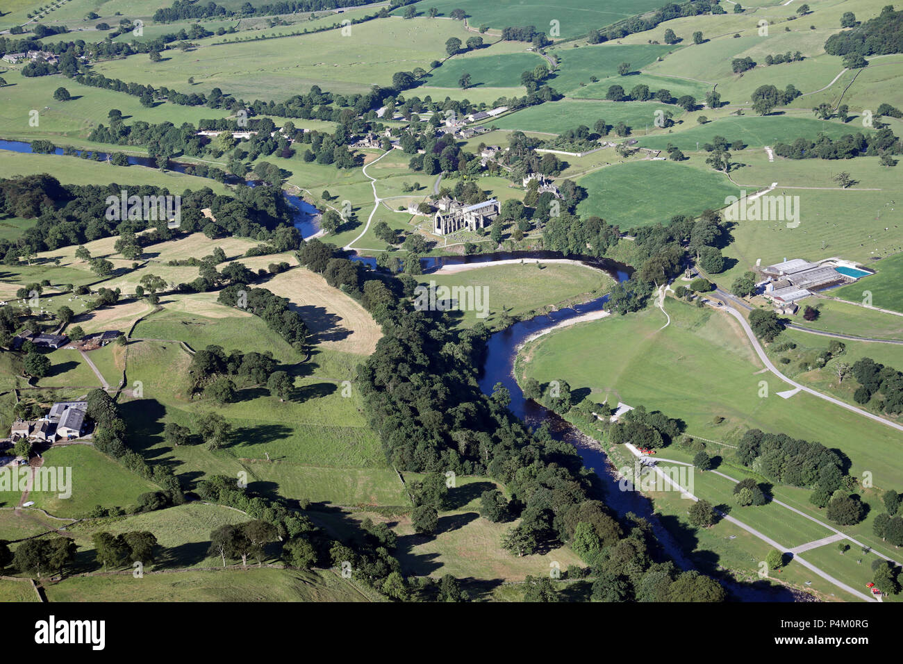 aerial view of Bolton Abbey on the River Wharfe in Wharfedale, North Yorkshire Stock Photo