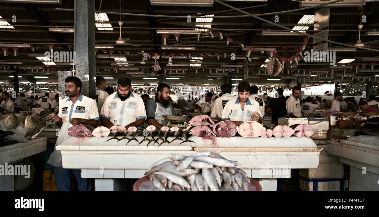 Scenes from the big fishmarket in Dubai, A big variety of delicious seafood is sold in the market halls Stock Photo
