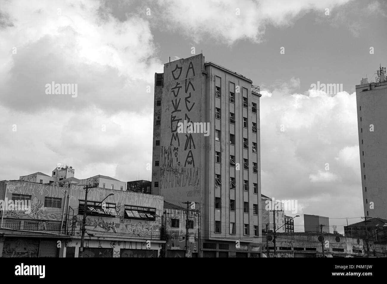 Sao Paulo metropolitan downtown historic municipal market estado avenue Graffiti black white Stock Photo