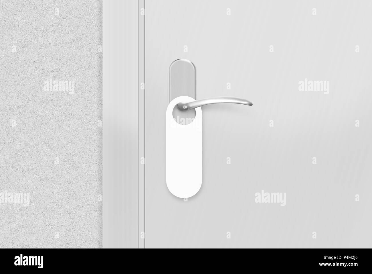 Door knob with blank doorhanger mock up. Empty white flyer mockup hang on door handle. Leaflet design on entrance doorknob. Dont disturb sign. Do not  Stock Photo