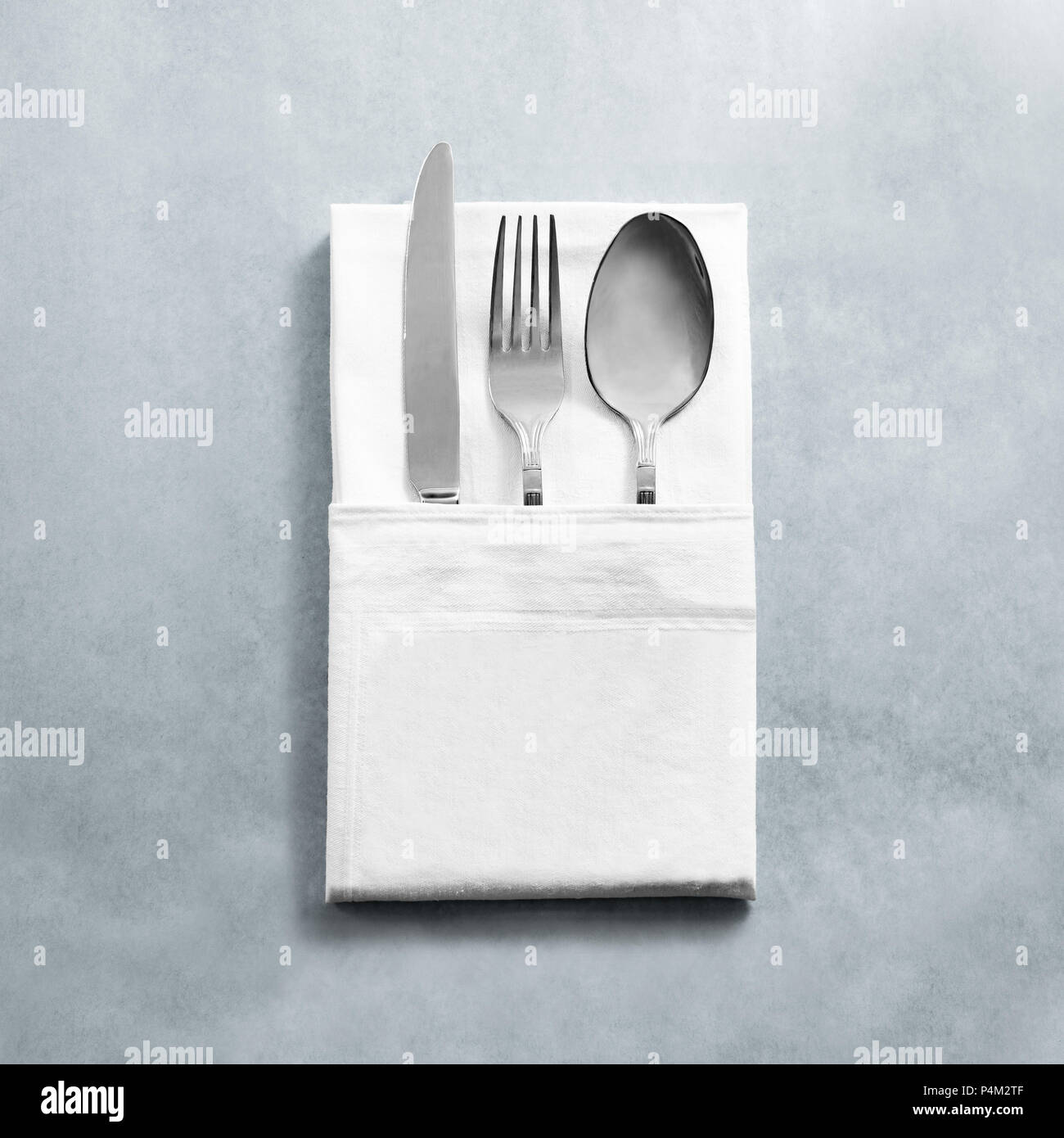 Download Blank White Restaurant Napkin Mock Up With Knife Fork And Spoon Isolated Cutlery In Clear Textile Towel Mock Up Template Cafe Branding Identity Cle Stock Photo Alamy